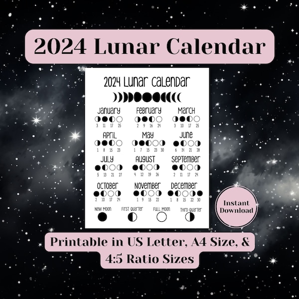 2024 Printable Lunar Calendar, Moon Phase Calendar, Moon Phase Wall Art, Lunar Calendar, Lunar New Year Calendar, 2024 Moon Phase Calendar