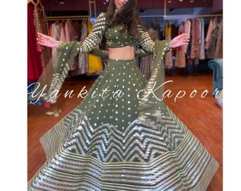 Designer Bottle green satin silk partywear wedding haldimehendi ready lehenga choli