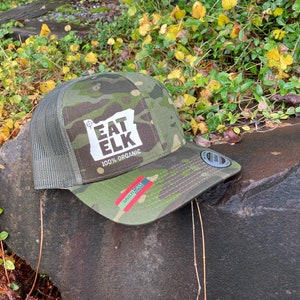 Elk Hunting Hat-Camo SnapBack hat with shape of Oregon