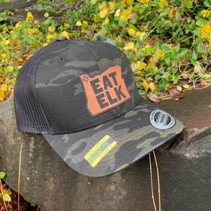Elk Hunting Hat-Camo SnapBack hat with shape of Oregon leather patch