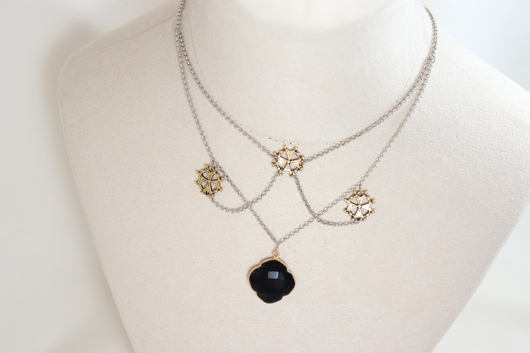 Criss Cross Clover Gemstone Necklace with Cross Connectors Dainty Chain