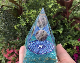 OM Mandala Teal Amethyst Crystal Sphere Meditation Orgonite Pyramid