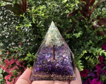 Amazonite Tree of Life Amethyst Purple Crystal Resin Orgonite Pyramid