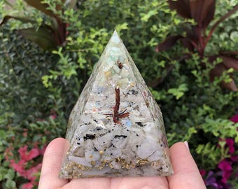 Amazonite Tree of Life Copper Rainbow Moonstone Resin Orgone Pyramid