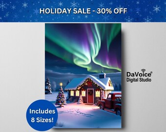Northern Lights Log Cabin Print: Rustic Winter Landscape (Digital Download)