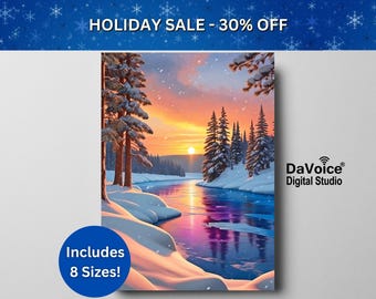 Winter Wonderland Sunset Painting: Snowy Landscape Art (Digital Print)
