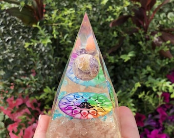 Rose Quartz Crystals Amethyst Moon in Resin Organite Orgone Pyramid