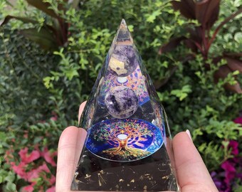 Black Obsidian Orgonite Pyramid Amethyst Moon in Resin Orgone Pyramid