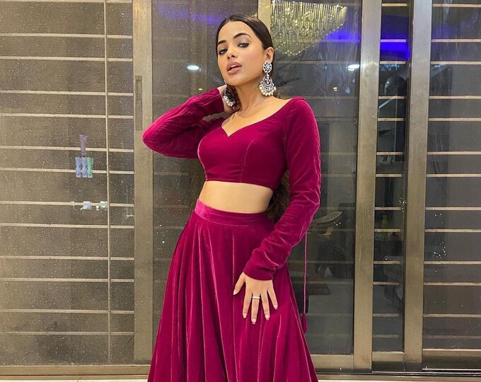 Velvet Lehenga Choli-Wine Color
