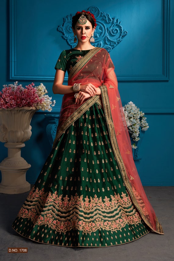Dark Green Satin Silk Lehenga Choli With Dupatta Etsy