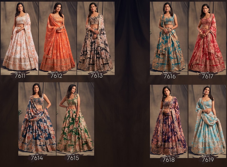 May include: A collection of women's lehengas in various colors and floral patterns. The lehengas include a skirt, a cropped top, and a matching scarf. Each outfit has a unique design, with colors ranging from white to red, blue, and green. The numbers 7611-7619 are printed on the bottom.