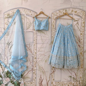 Sky Blue Floral Embroidered Sequin Work Lehenga Choli Set | Indian Wedding & Festive Wear