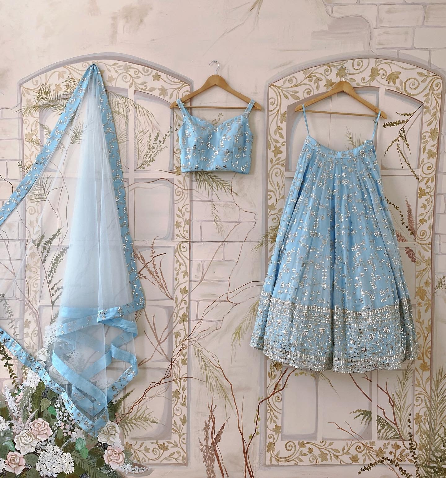 Sky Blue Floral Embroidered Sequin Work Lehenga Choli Set | Indian Wedding & Festive Wear