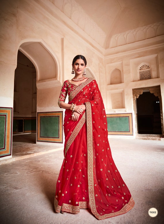 Red Designer Saree For Wedding, SABYASACHI Wedding Saree with Blouse, Red Wedding  Saree with Golden Border -  Portugal