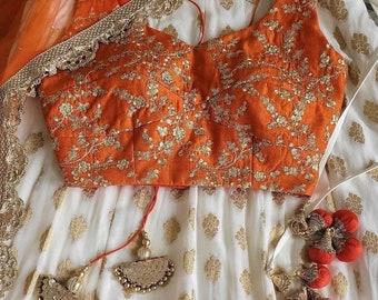 Ivory Orange Lehenga, Indian Designer Lehenga, Wedding Lehenga, Crop top skirt, Bridesmaids Lehenga, girl&#39;s lehenga, mom daughter lehenga