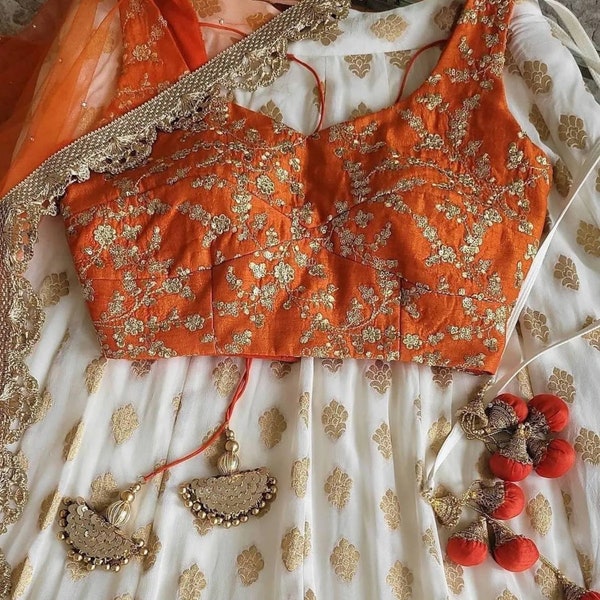 Ivory Orange Lehenga, Indian Designer Lehenga, Wedding Lehenga, Crop top skirt, Bridesmaids Lehenga, girl's lehenga, mom daughter lehenga