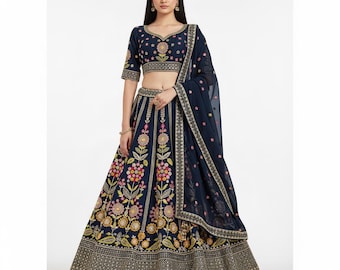Blue georgette lehenga choli embroidered indian wedding outfits for women or girls