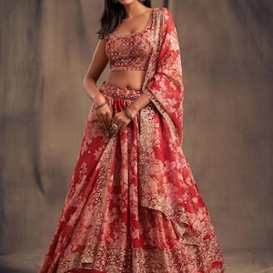 Red Floral Organza Lehenga Choli Set | Indian Wedding Guest Outfit | Ready to Wear | Dupatta Included | Free Shipping USA UK