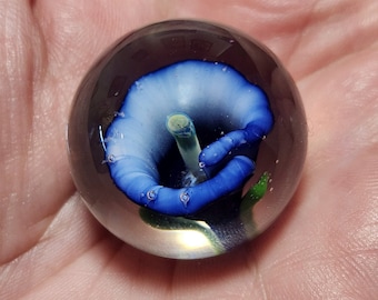 May include: A glass marble with a blue and green flower inside. The flower is a calla lily with a white center and blue petals.
