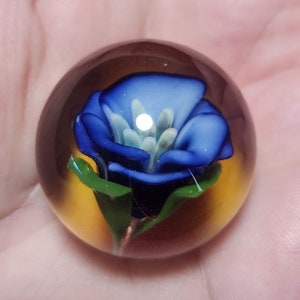 Blown Glass, Flower Marble, 32 mm, Handmade Marble, Art Glass, Blue Flower Marble, Implosion Marble, Blue Glass Marble