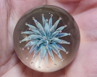 Glass Marble, Hand Blown Glass, Air Implosion Marble, Handmade Art Glass, Anemone Marble, 32 mm, Blue Marble