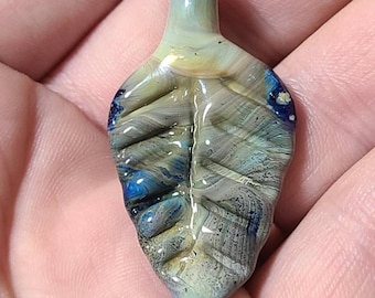 Glass Leaf Pendant, Blown Glass, Leaf Necklace, Glass Jewelry, Blue Leaf