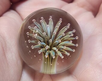 May include: A glass paperweight with a clear, round shape. Inside the paperweight is a delicate, multi-coloured glass sculpture that resembles a flower with a green and blue stem and white and gold petals.