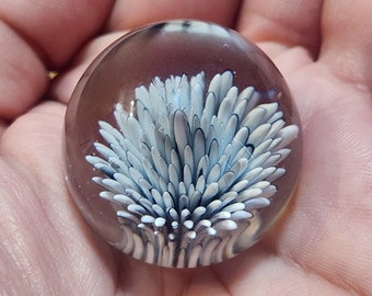 May include: A clear glass paperweight with a white and blue flower design inside. The flower is made of glass and has a 3D effect.