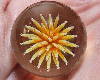 May include: A glass paperweight with a yellow and white flower design inside. The flower has a starburst shape with many petals.
