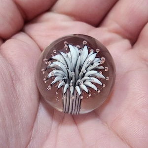 Peut inclure: Un presse-papier en verre transparent avec un motif de fleur blanche et noire à l'intérieur. La fleur a une tige et de multiples pétales. De petites bulles d'air sont piégées dans le verre.