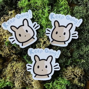 Puede incluir: Tres pegatinas con un diseño de conejo de dibujos animados y el texto "Keep Going!" en azul claro. El conejo tiene una cara marrón, bigotes negros y un contorno blanco. Las pegatinas están sobre musgo verde y marrón.