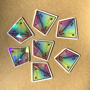 May include: Eight iridescent holographic stickers shaped like a four-sided die with numbers 1, 2, 3, 4, 7, and 22 on each side.