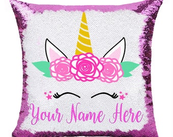 Unicorn Sequin Pillow Personalized | Custom Name Pillow| Custom Unicorn Magic Pillow| Gift For Girl | Unicorn Sequin Pillow Purple |GIFORUE