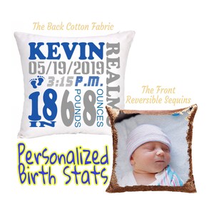 Birth Stats Personalized Sequin Cushion Boy | Customized Birth Announcement Pillow Case |Newborn Personalized Gift|Two Photos Pillow|GIFORUE