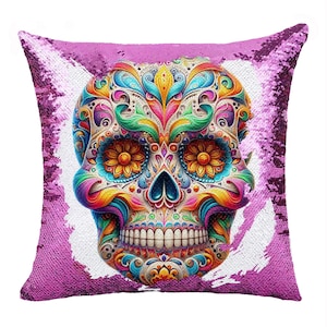 Funda de cojín con lentejuelas de 16 x 16 pulgadas, funda de cojín con diseño de calavera, bonita almohada cuadrada con diseño de calavera, almohada mágica con diseño de calavera de azúcar, regalo para festival de calaveras, GIFORUE