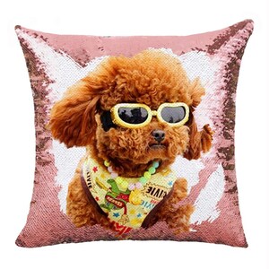 May include: A square sequin pillow featuring a printed image of a brown curly-haired dog wearing yellow-rimmed sunglasses and a yellow bandana with green and red graphic patterns. The pillow has a rose gold sequin border surrounding the central image.