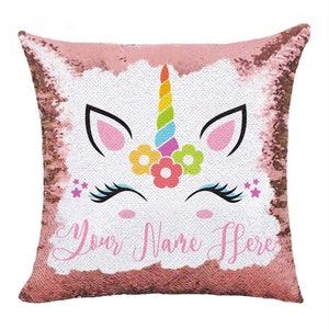 Housse de coussin licorne à paillettes avec nom / Oreiller à