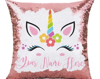 Personalized Unicorn Sequin Pillow  | Custom Name Pillow | Sequin Pillow Custom | Throw Pillow | Hidden Name Sequin Pillow Cover |GIFORUE