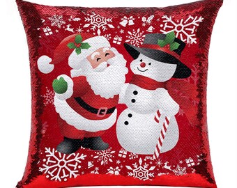 Personalized Sequin Christmas Pillow  | Snow Man Pillow | Custom Sequin Cushion Cover | Hide Photo Pillow | Custom Christmas Gift | GIFORUE