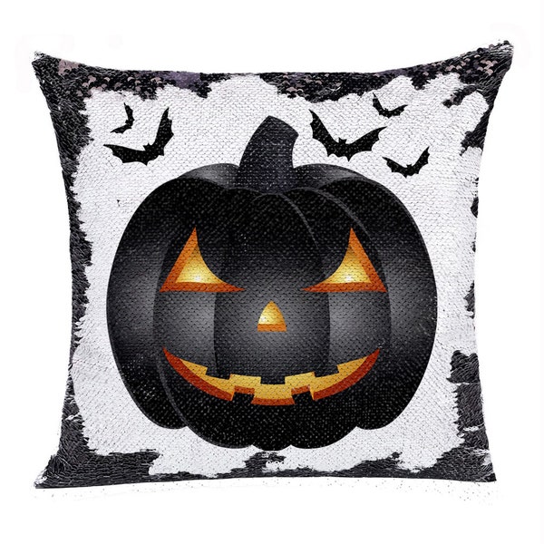 Black Pumpkin Sequin Pillow  | Halloween Pumpkin | Sequin Cushion Cover | Hide Photo Pillow | Bat Pumpkin Gift For Halloween | GIFORUE