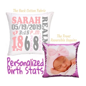 Cojín de lentejuelas con foto de estadísticas de nacimiento personalizadas para niña / Almohada mágica con anuncio de nacimiento personalizado / Regalo para recién nacido / Almohada para bebé con dos fotos / GIFORUE