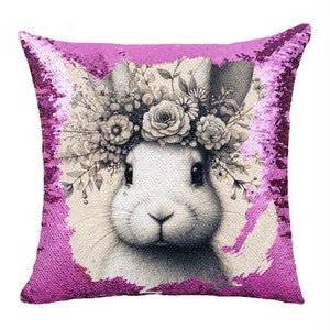 Almohada de conejito personalizada, almohada mágica, lindo conejo, funda de cojín cuadrada, almohada reversible con lentejuelas, lindo regalo para niños / GIFORUE