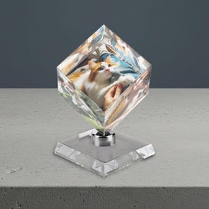 May include: A clear, diamond-shaped crystal photo block with a fluffy orange and white cat inside. The crystal sits on a square, faceted base with a silver metal connector. The cat is resting on a floral patterned surface.