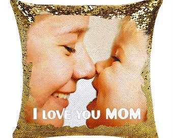 Custom Mother Gift Sequin Magic Pillow Cover| I Love You MOM Cushion Cover | Mother Birthday Day Photo Image Gift |Thank Mother Gift GIFORUE