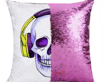 Personalized Skull Gift | Custom Sequin Pillow Mockup | I Love Music Present | Skull With Headset Sequin Pillow Cover | Sugar Skull |GIFORUE