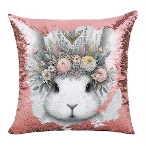 Almohada de lentejuelas de conejo personalizada, almohada mágica, linda almohada cuadrada de conejo, funda de cojín de conejito, almohada de lentejuelas reversible, regalo de Pascua/GIFORUE
