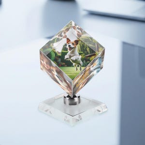 Op de afbeelding: Een heldere kristallen fotokubus met een diamantvorm, met meerdere afbeeldingen. De kubus staat op een vierkante kristallen basis met een zilveren metalen steel. Eén afbeelding toont een hond die in een grasveld springt. Een decoratief item.