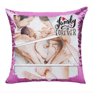 Collage personnalisé Oreiller photos | Coussin à sequins personnalisé | 3 ou 4 photos| Coussin personnalisé sirène avec photo cachée La famille est éternelle | GIFORUE