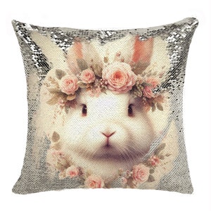 Almohada de lentejuelas de conejo, almohada mágica, linda almohada cuadrada de conejo, funda de cojín de conejito, almohada decorativa, regalo de Pascua / GIFORUE