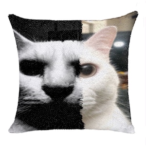 Cojín de lentejuelas personalizado con diseño de gato astuto y misterioso, regalo de almohada mágica de gato bueno contra gato malvado